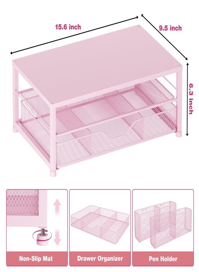 OPNICE Desk Organizers and Accessories, 2-Tier Computer Monitor Stand Riser with Drawer and 2 Pen Holders, Laptop Stand, Office Desk Accessories & Office Decor for Women, Pink - Image 3